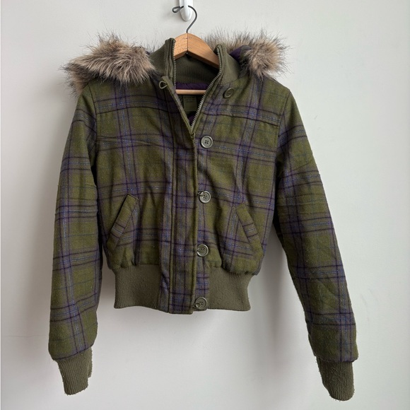 Jou Jou Plaid Wool Blend Hooded Jacket w/ Faux Fur Trim – Size M - Picture 7 of 7